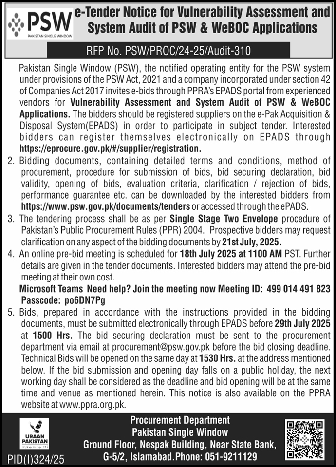 Pakistan Singlw Window Islamabad Tender Notice
